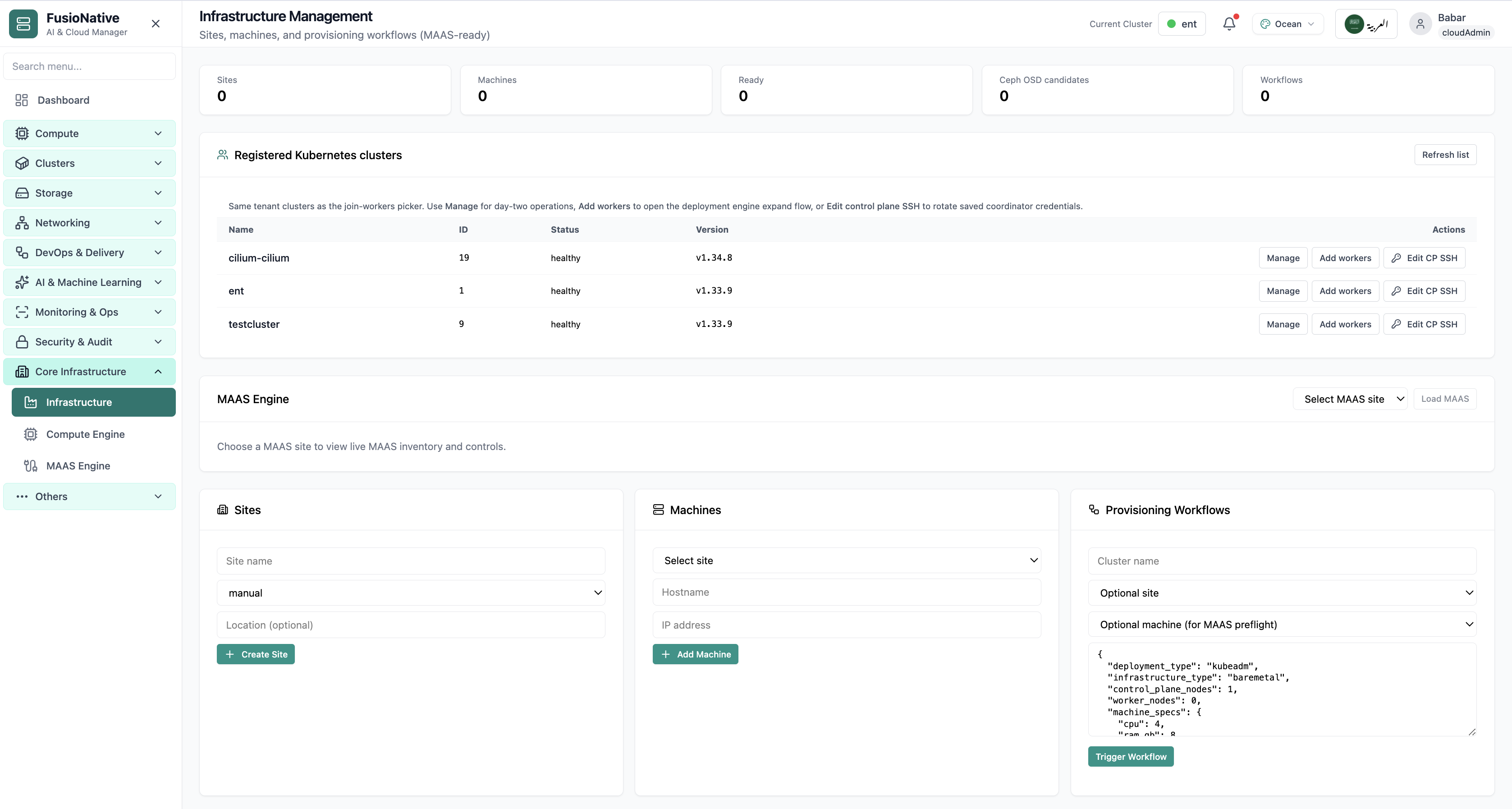 Sites, machines, MAAS, and provisioning workflows.
